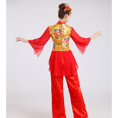 Women's chinese folk dance costumes red dragon drummer yangko fan performance competition dancing costumes